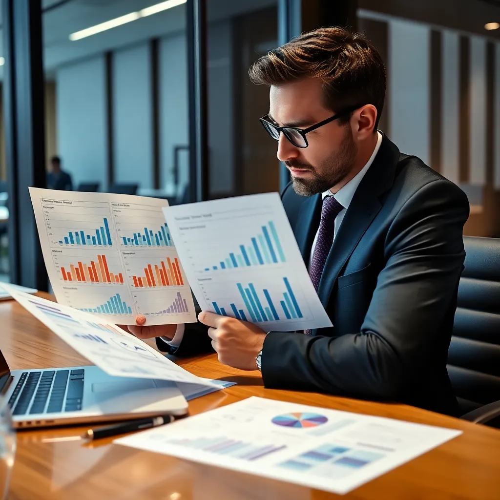 Professional auditor reviewing financial reports with graphs and spreadsheets in a sleek conference room setting