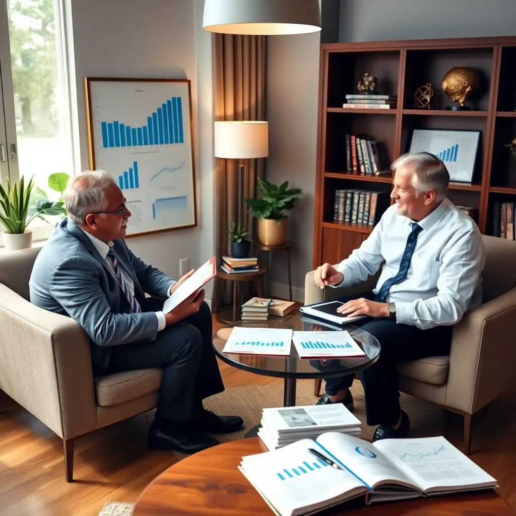 Advisory session with charts, investment books, and a planner discussing strategy in a cozy office environment