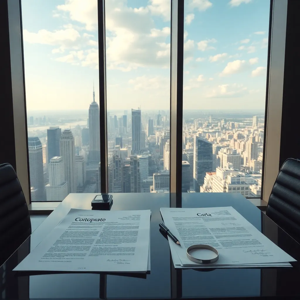 Corporate documents, seals, and digital tools in a high-rise office space with city skyline view