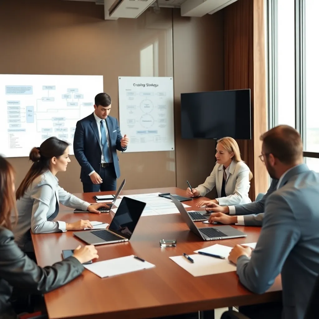 Business meeting with consultants, laptops, and flowcharts illustrating corporate strategy in a modern boardroom