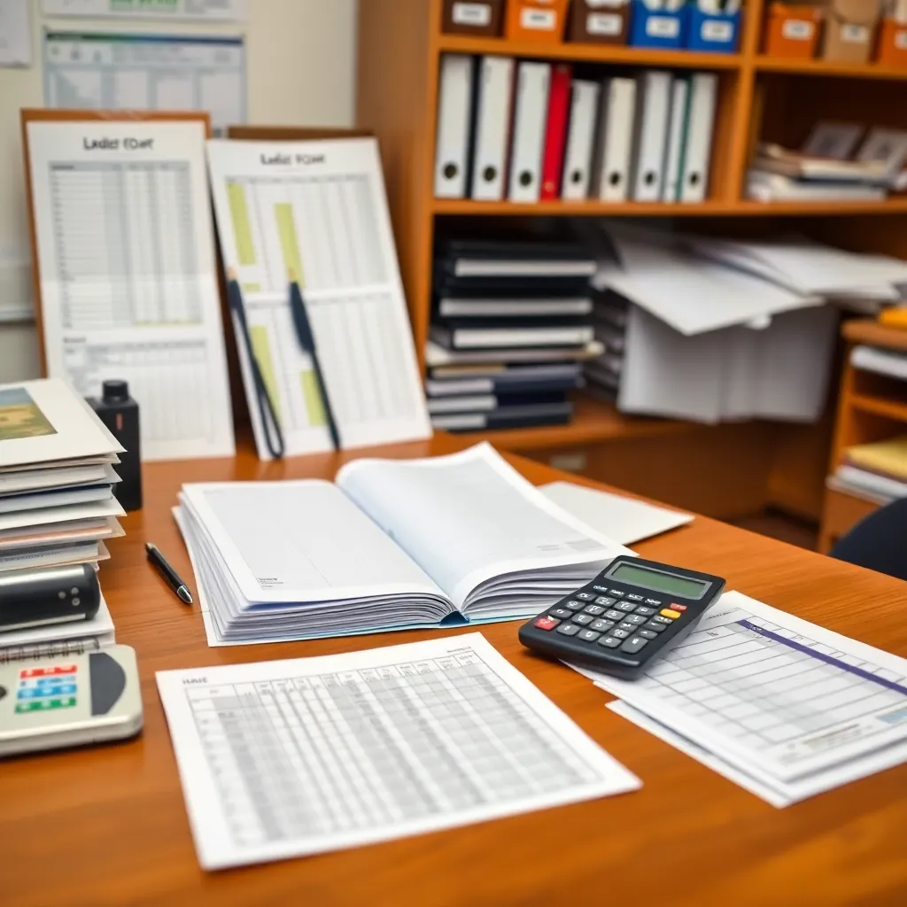 Organized desk with ledger books, calculator, and payroll charts in a tidy accounting office